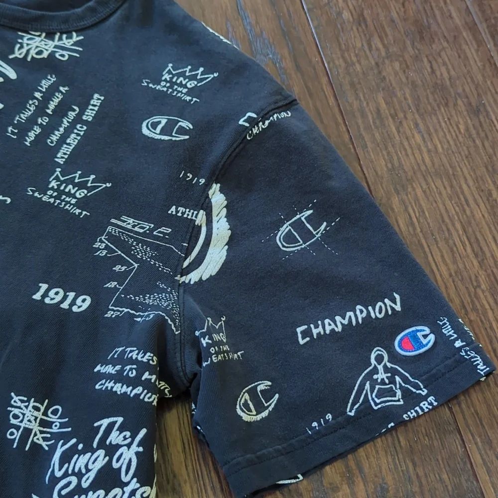 CHAMPION I Black & White Handwriting Logo Crew Neck Short Sleeve T-Shit Top, L - Picture 8 of 10